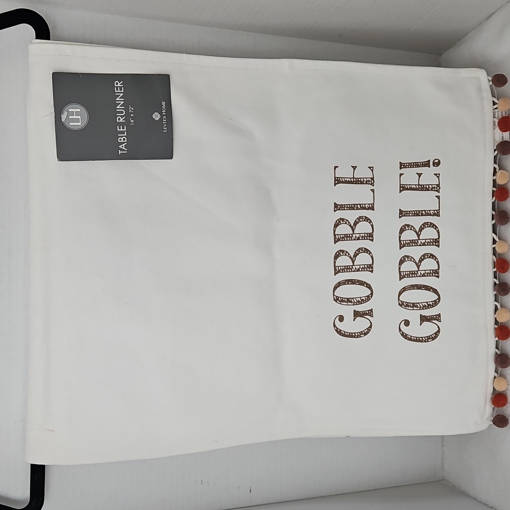 Levtex Home NWT Cream White Fall Pom Poms "Gobble Gobble" Text Table Runner